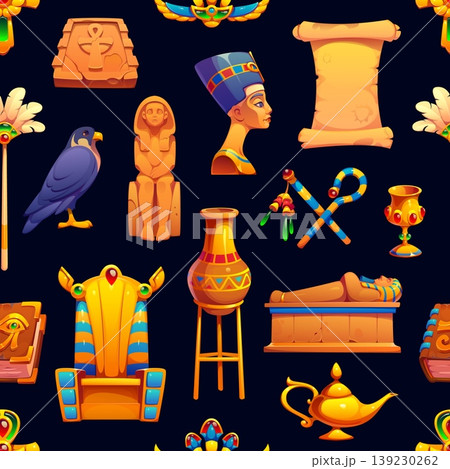 Egyptian seamless pattern with ancient artifacts of pharaoh bust, sarcophagus, papyrus scroll, falcon, throne and vase, statues and amulet, golden lamp, scarab and hieroglyphic relics, vector tile Egyptian seamless pattern with ancient artifacts of pharaoh bust, sarcophagus, papyrus scroll, falcon, throne and vase, statues and amulet, golden lamp, scarab and hieroglyphic relics, vector tile 139230262