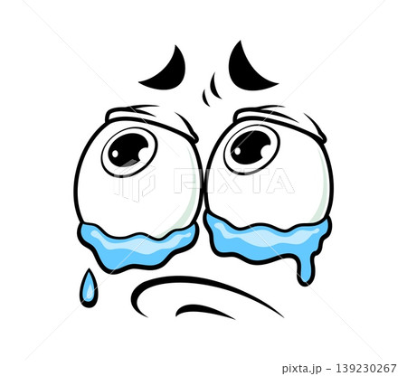 Cartoon sad and crying face with large tearful eyes, downturned brows and sorrowful expression. Vector funny face emotion for social media reactions, educational materials or child psychology guides 139230267