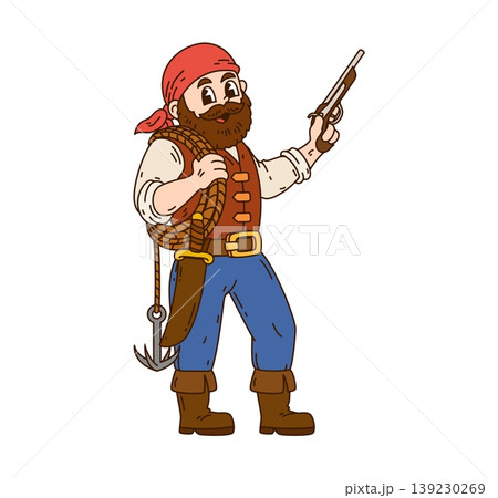 Cartoon pirate with red bandana holding vintage pistol and rope with anchor. Groovy bearded corsair captain in brown vest and boots. Sea robber character for kids games or pirate party invitations Cartoon pirate with red bandana holding vintage pistol and rope with anchor. Groovy bearded corsair captain in brown vest and boots. Sea robber character for kids games or pirate party invitations 139230269