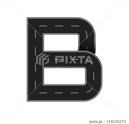 Road font letter B, asphalt path way typeface. ABC English highway route alphabet. Letter B formed by dark asphalt road with white dashed center line. Vector icon for transportation or navigation apps 139230273