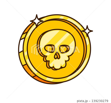Cartoon pirate golden coin with skull and shine. An ancient golden doubloon featuring bold skull engraving and decorative ridges. Vector coin for treasure hunt graphics or digital stickers Cartoon pirate golden coin with skull and shine. An ancient golden doubloon featuring bold skull engraving and decorative ridges. Vector coin for treasure hunt graphics or digital stickers 139230279