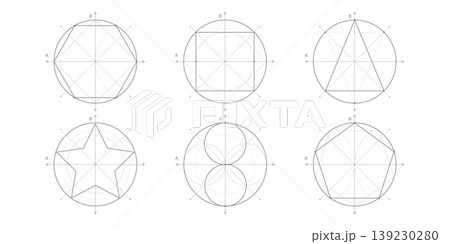Geometric drawing of circles. School geometry. Mathematical construction of figures . Vector illustration. 139230280