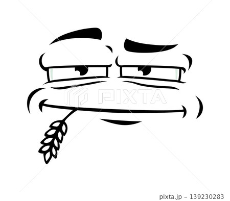 Cartoon smug face, funny emotion and expression showing a sly smirk and relaxed eyes holding a wheat stalk in the mouth. Vector emoticon character conveying playful, mischievous and amused emoji 139230283