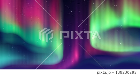 Realistic aurora borealis northern polar lights background. Vivid vector cosmic aurora borealis glow at Arctic night sky with flowing green, purple and pink northern lights with scattered stars above Realistic aurora borealis northern polar lights background. Vivid vector cosmic aurora borealis glow at Arctic night sky with flowing green, purple and pink northern lights with scattered stars above 139230295