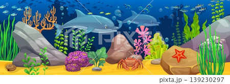 Underwater landscape game background with dolphins. Marine world vector cover, coral reef underwater landscape. Sea bottom background with dolphins and crab character, seaweeds and corals, fish school Underwater landscape game background with dolphins. Marine world vector cover, coral reef underwater landscape. Sea bottom background with dolphins and crab character, seaweeds and corals, fish school 139230297