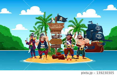 Cartoon pirate characters on Caribbean island. Vector corsair ship crew personages standing on tropical island with palm trees near wooden directional sign, treasure barrels, ship and skull flag 139230305