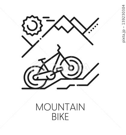 Mountain bike service line icon or label. Bicycle repair workshop linear sign, mechanic technical center vector symbol. Mountain biking equipment shop icon with bike, sun and mountain range peaks 139230384