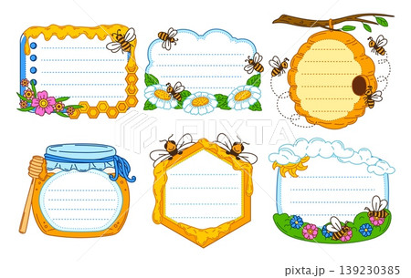 Honey and bee characters kids memo note with honey frames. Beekeeping apiary vector memo note, agriculture sticker. Farm honey kids diary label with bees flying around hive, jar, flowers and clouds 139230385