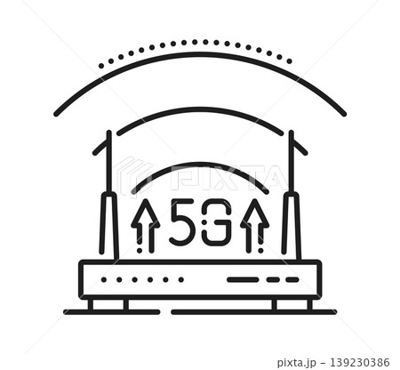 5G wireless modem network line icon or symbol. 5G network linear pictogram, wireless technology thin line vector icon. Data signal transmission sign or outline symbol with router electronic device 139230386