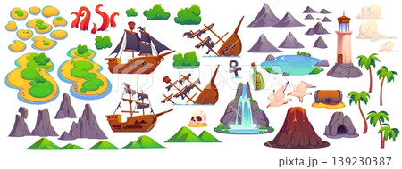 Pirate treasure island constructor, vector game UI asset. Cartoon tropical sea island constructor set, treasure chest, pirate ships and beach, shipwreck, skull and map bottle, volcano and palm trees 139230387
