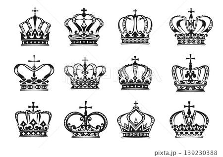 Heraldic royal crown, king, emperor or duke medieval hats. Vintage ornate royal coronation crown vector silhouettes with jewels, gothic crosses and victorian flourishes for heraldic crest or badge 139230388