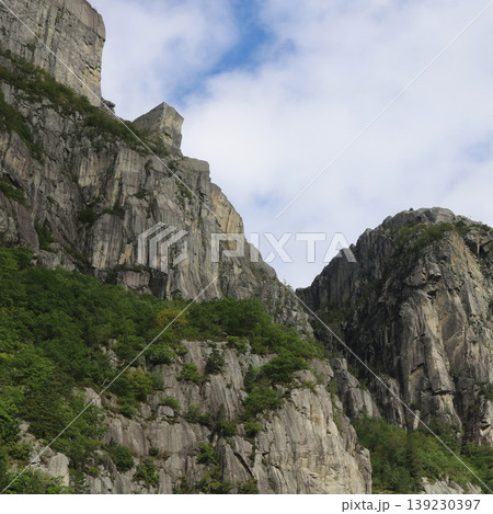 Famous Pulpit Rock Preikestolen and travel destination, seen from below, Norway. 139230397