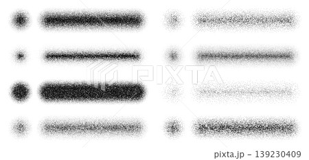 Noise grain brushes pack, strokes and dots set. Noise spray powder graffiti vector texture stroke, dust particle grungy airbrush gradient. Sand dot rough brush or grain wave paint shadow effect Noise grain brushes pack, strokes and dots set. Noise spray powder graffiti vector texture stroke, dust particle grungy airbrush gradient. Sand dot rough brush or grain wave paint shadow effect 139230409