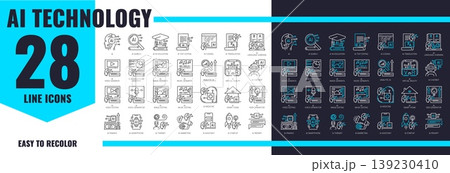 AI artificial intelligence technology line icons. Artificial intelligence software line vector icon. AI technology image, video and music editing, prompt text, coding, business idea generation symbols 139230410