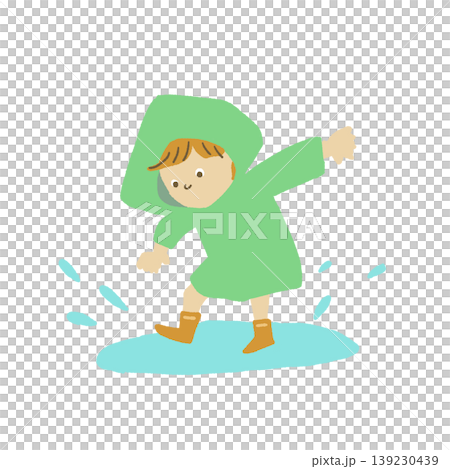レインコートを着て水たまりで遊ぶ子どもの絵本ぽいイラスト レインコートを着て水たまりで遊ぶ子どもの絵本ぽいイラスト 139230439