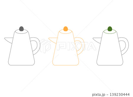 シンプルなコーヒーポットのアイコンセット（グレー・オレンジ・グリーン）カフェ用品イラスト 139230444