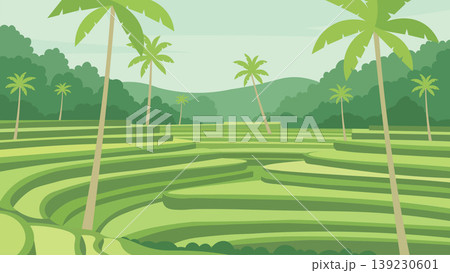 Green Layered Terraces Bali Rice Flat Design Illustration 139230601