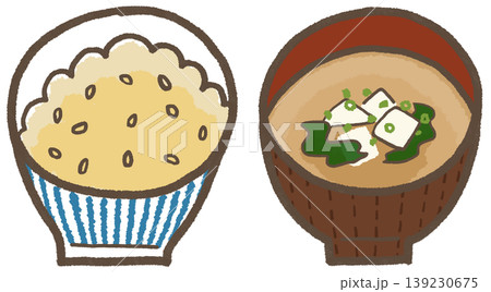 玄米ごはんと豆腐とワカメの味噌汁、シンプルでかわいくデフォルメした手描きイラスト（暮らしシリーズ） 139230675