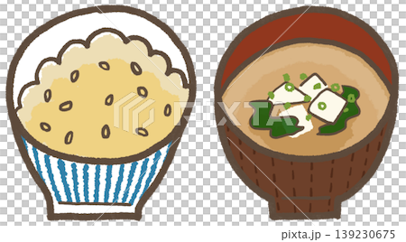 玄米ごはんと豆腐とワカメの味噌汁、シンプルでかわいくデフォルメした手描きイラスト（暮らしシリーズ） 139230675