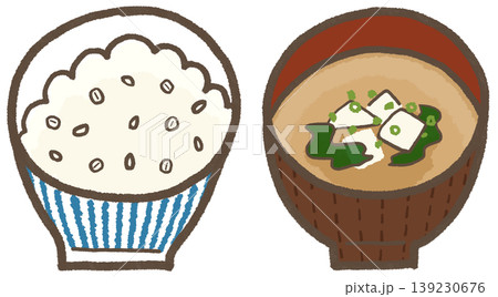 もち麦ご飯と豆腐の味噌汁、シンプルで可愛くデフォルメした手描きイラスト（暮らしシリーズ） 139230676