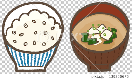 もち麦ご飯と豆腐の味噌汁、シンプルで可愛くデフォルメした手描きイラスト（暮らしシリーズ） 139230676