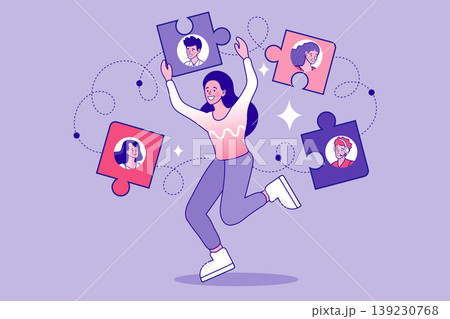 Woman HR manager assembling team with puzzle pieces featuring employee profiles representing recruitment strategy team building and human resource management concept 139230768