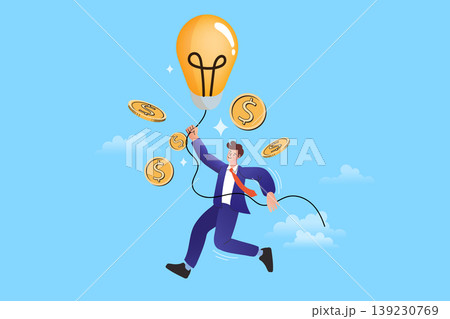Ambitious entrepreneur soaring in the sky powered by a glowing light bulb surrounded by money symbolizing financial growth successful idea implementation and smart investment 139230769