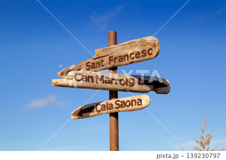 Formentera wood road signs Cala Saona Formentera wood road signs Cala Saona 139230797
