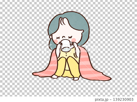 温かいブランケットにくるまってホットドリンクを飲む女性のイラスト 139230903