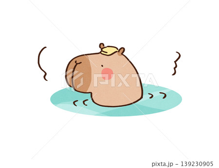 お湯に浸かって気持ちよさそうに温まるカピバラのイラスト 139230905