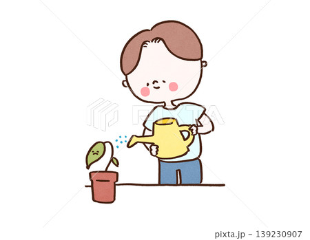 元気のない植物の鉢にジョウロで水をやる男性のイラスト(育成と回復のメタファー) 元気のない植物の鉢にジョウロで水をやる男性のイラスト(育成と回復のメタファー) 139230907