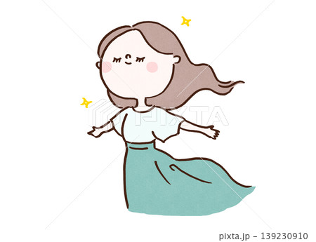 風に吹かれながら笑顔で気持ちよく深呼吸をする爽やかな女性のイラスト 139230910