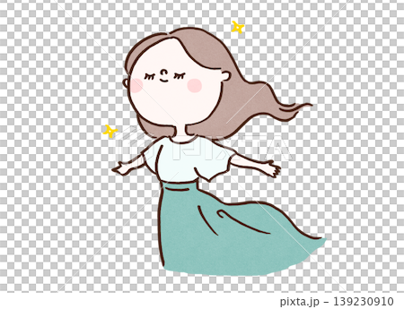 風に吹かれながら笑顔で気持ちよく深呼吸をする爽やかな女性のイラスト 139230910