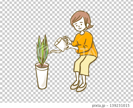 観葉植物に水やりをする女性 139231015