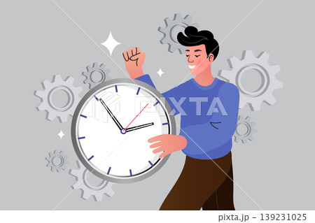 Successful time management and work efficiency concept with man clock and gears icons Successful time management and work efficiency concept with man clock and gears icons 139231025