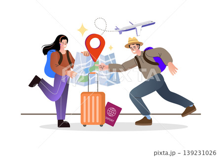 Travel planning and summer vacation concept with happy tourists holding map and suitcase Travel planning and summer vacation concept with happy tourists holding map and suitcase 139231026