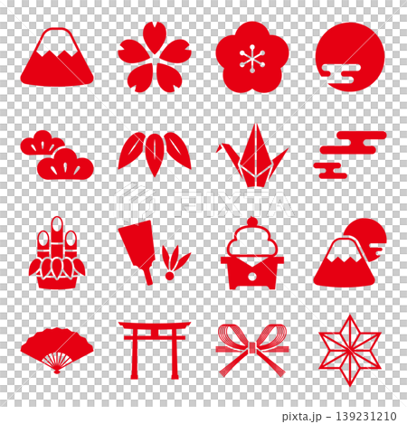 Japanese-style icon set [Mt. Fuji, cherry blossoms, torii gate, New Year's motifs] (Colorful materials representing Japanese culture) 139231210