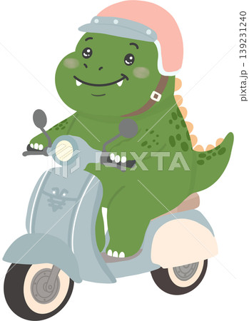 Adorable cartoon dinosaur riding a vintage scooter while wearing a cute helmet.  139231240