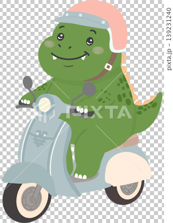 Adorable cartoon dinosaur riding a vintage scooter while wearing a cute helmet.  139231240