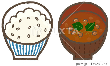 ごはんとなめこの赤だしのセット、シンプルでかわいくデフォルメしたイラスト、青い縞（暮らしシリーズ） 139231263