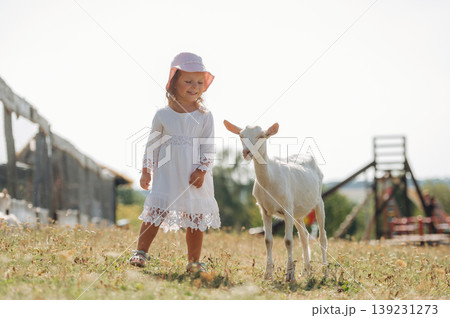 Little girl is on the goat farm outdoors at daytime Little girl is on the goat farm outdoors at daytime 139231273