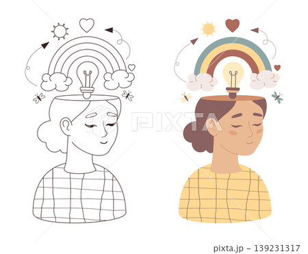 Mental Health. Happy Woman Head Rainbow with Lightbulb and Rainbow. Coloring Page with Outline and Color drawing. Concept Harmony, Mindfulness Self Care and Wellness. Vector Illustration. Not AI Mental Health. Happy Woman Head Rainbow with Lightbulb and Rainbow. Coloring Page with Outline and Color drawing. Concept Harmony, Mindfulness Self Care and Wellness. Vector Illustration. Not AI 139231317