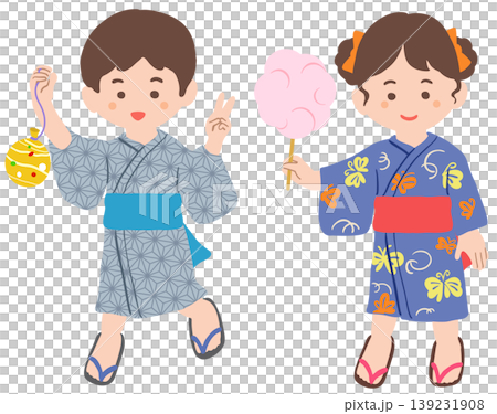 縁日を楽しむ浴衣を着た子供たち 縁日を楽しむ浴衣を着た子供たち 139231908