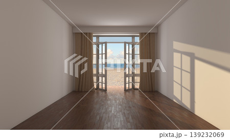 Empty Beachfront Interior With Curtains And Ocean View Empty Beachfront Interior With Curtains And Ocean View 139232069