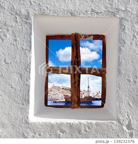 Eivissa Ibiza town view through window Eivissa Ibiza town view through window 139232376