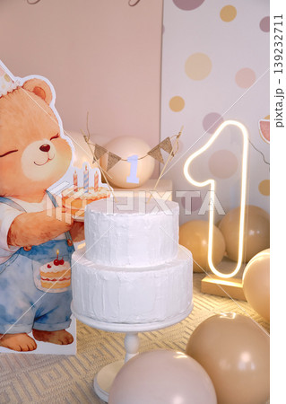 First Birthday Cake with Bear and Neon Sign First Birthday Cake with Bear and Neon Sign 139232711