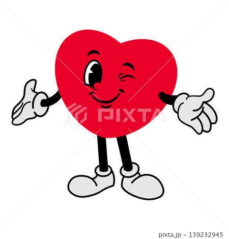 Retro cartoon heart character mascot. Cheerful cartoon heart character with a smile with Wink eye. A groovy vector illustration for a communication theme. Vector illustration for a social media, 139232945