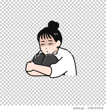 A simple vector illustration of a young woman with her hair tied up, looking dejected and hugging her knees. A simple vector illustration of a young woman with her hair tied up, looking dejected and hugging her knees. 139233018