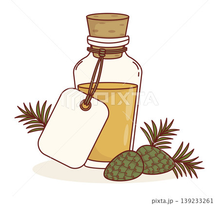 Pine Cone Syrup Glass Bottle With Cork Stopper And Young Green Cones. Forest Harvest Product With Blank Paper Tag Label Mockup. Natural Organic Product Gold Liquid In Jar Vial. Vector Illustration 139233261