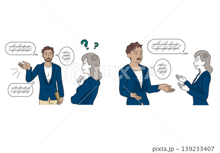 国際ビジネスの言語の壁と会話改善の比較イラスト 国際ビジネスの言語の壁と会話改善の比較イラスト 139233407